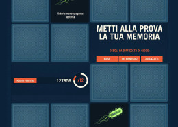 Dettaglio di uno schermo touch con un gioco memory su virus e batteri nella sala della patologia del MUSME