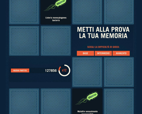 Dettaglio di uno schermo touch con un gioco memory su virus e batteri nella sala della patologia del MUSME